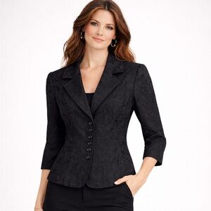 Classic Vintage Black Floral Textured Embroidered Blazer with Structured Corset